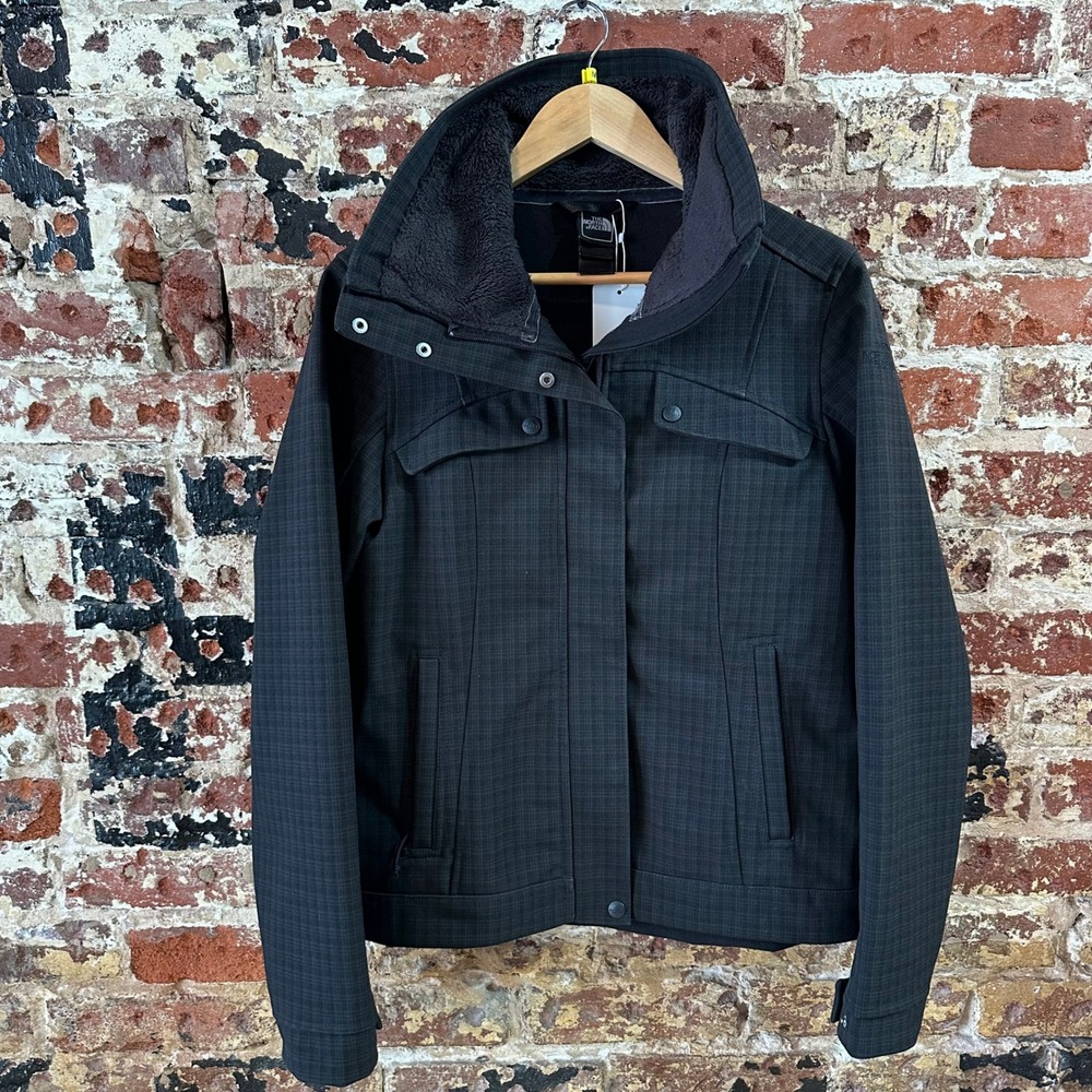 The North Face Womens Black Plaid Fleece Lined Softshell Jacket Coat Medium